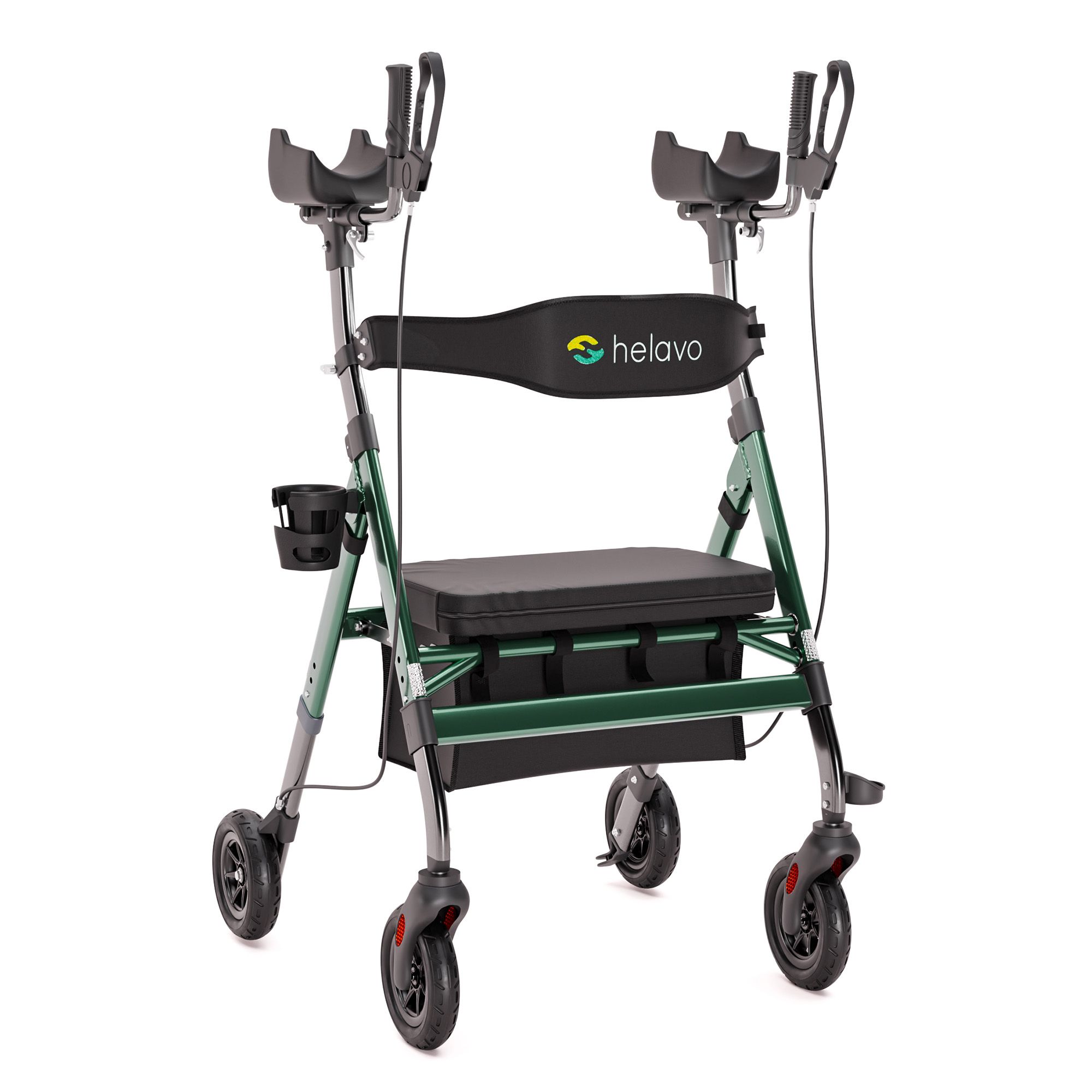 Groene rollator met zitje, armleuningen en bekerhouder.