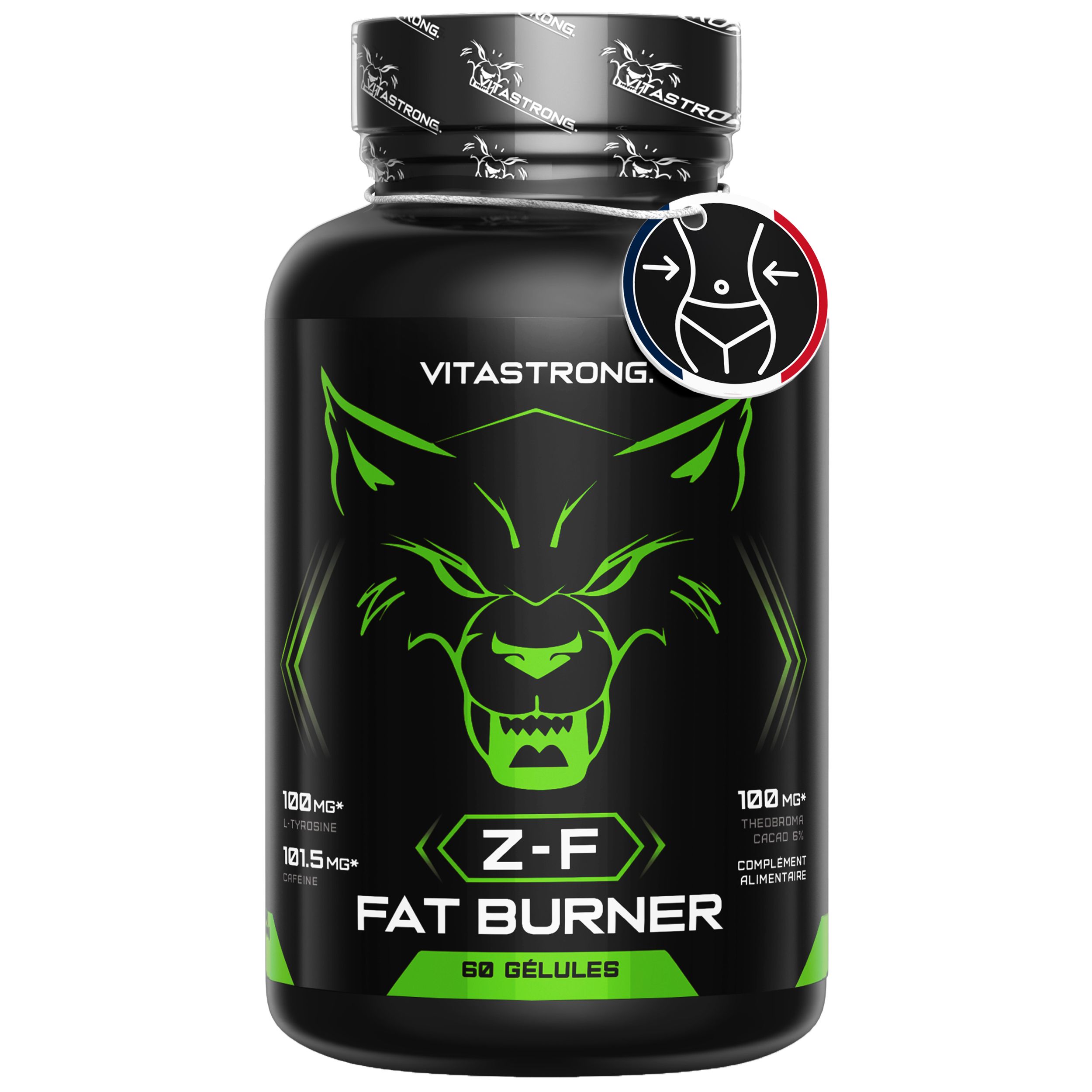 Vitastrong Z-F Fat Burner. Zwarte fles met groen wolfontwerp. 60 capsules.