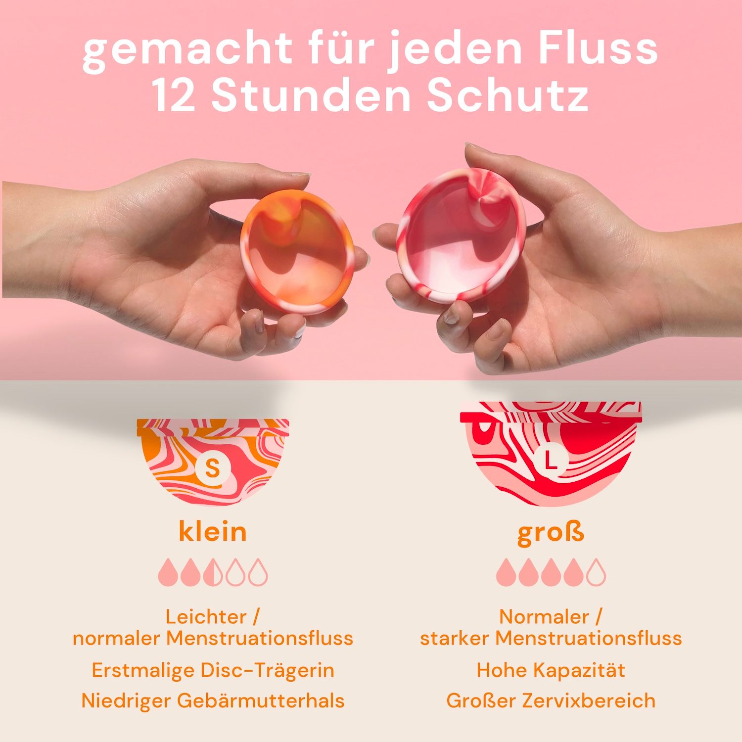 Deux mains tiennent des disques menstruels. Diagramme montrant les tailles S et L, avec des informations sur le flux et les utilisatrices.