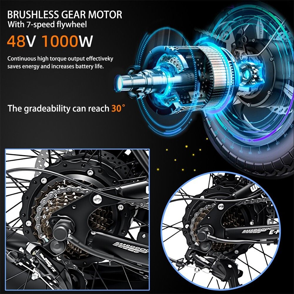 Graphique avec informations sur le moteur et la transmission. Moteur 48V 1000W. Roue libre 7 vitesses. Couple. Capacité de montée 30°.