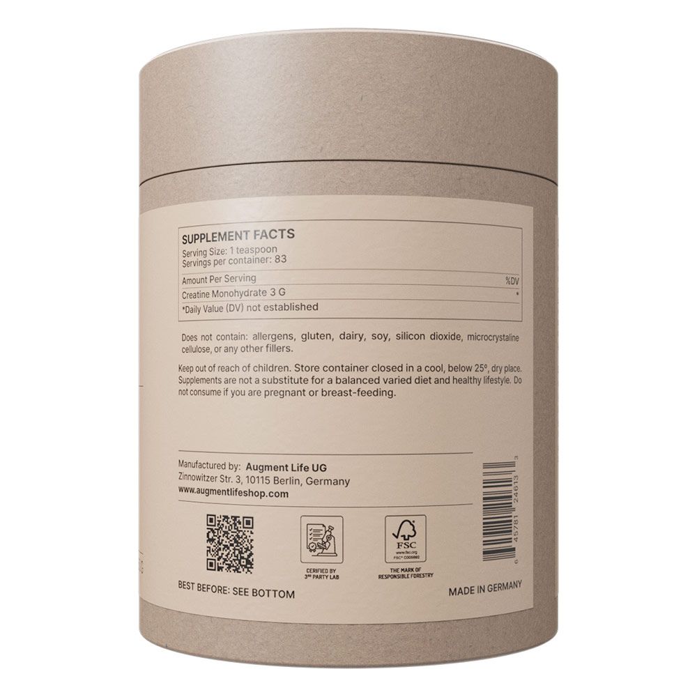 Contenant cylindrique avec informations nutritionnelles et fabricant. Contient de la créatine monohydrate 3G.