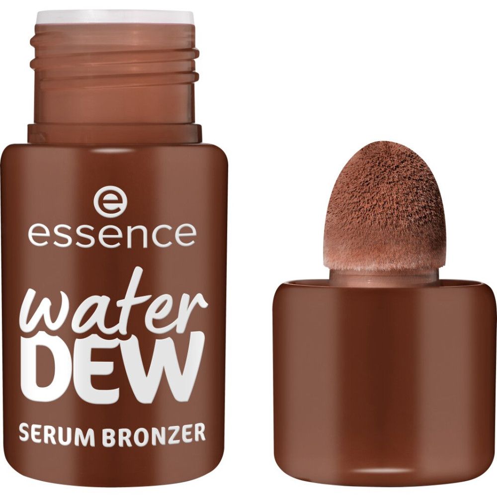 Essence Water Dew Serum Bronzer, flacon ouvert, avec applicateur.