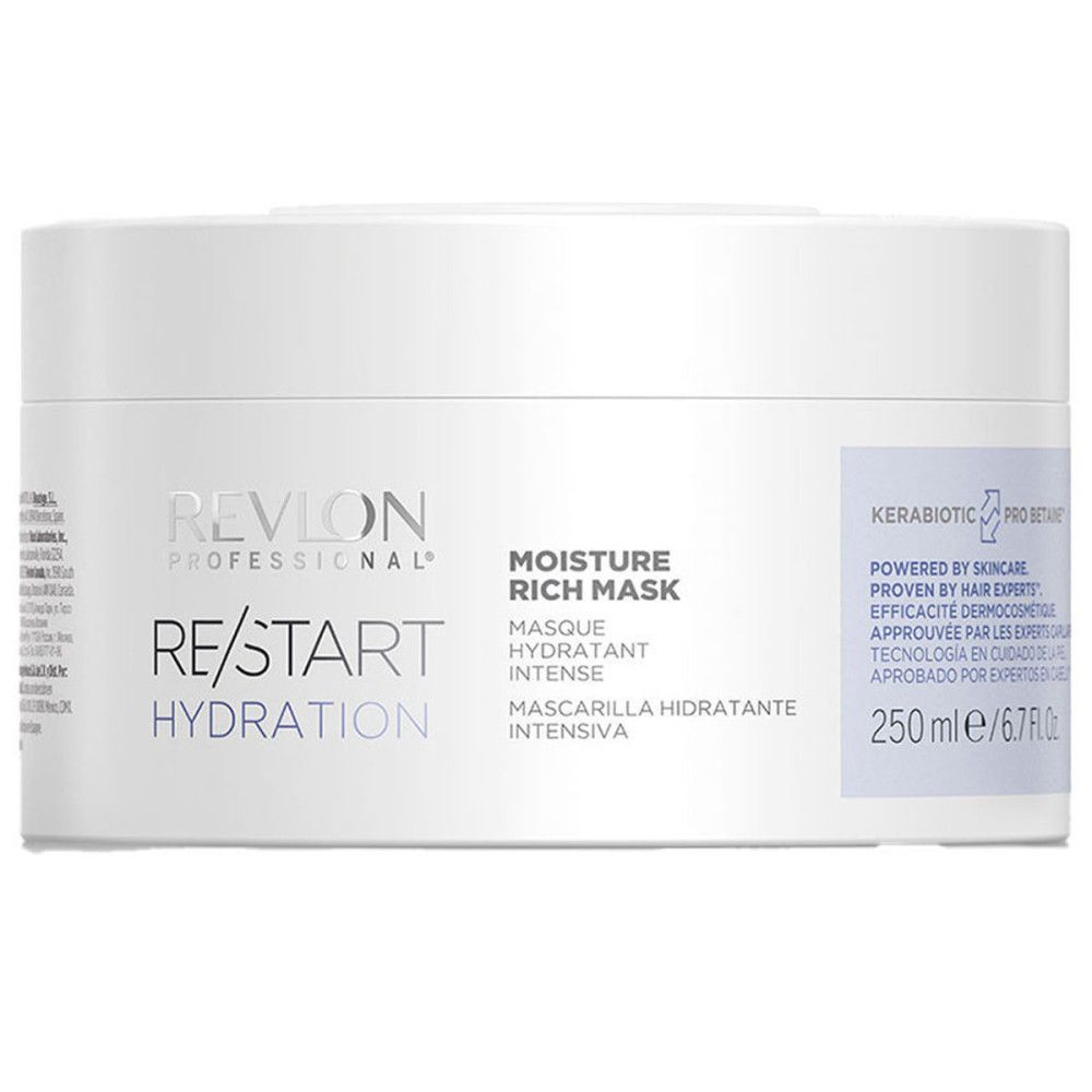 Pot blanc avec impression produit. Inscription: Revlon, Re/Start Hydration, Moisture Rich Mask, 250ml.