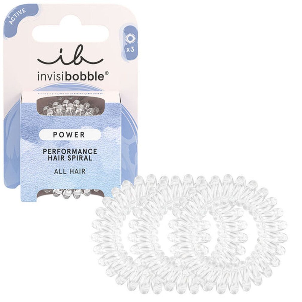 Trois spirales de cheveux Invisibobble Power transparentes, emballées et individuelles.