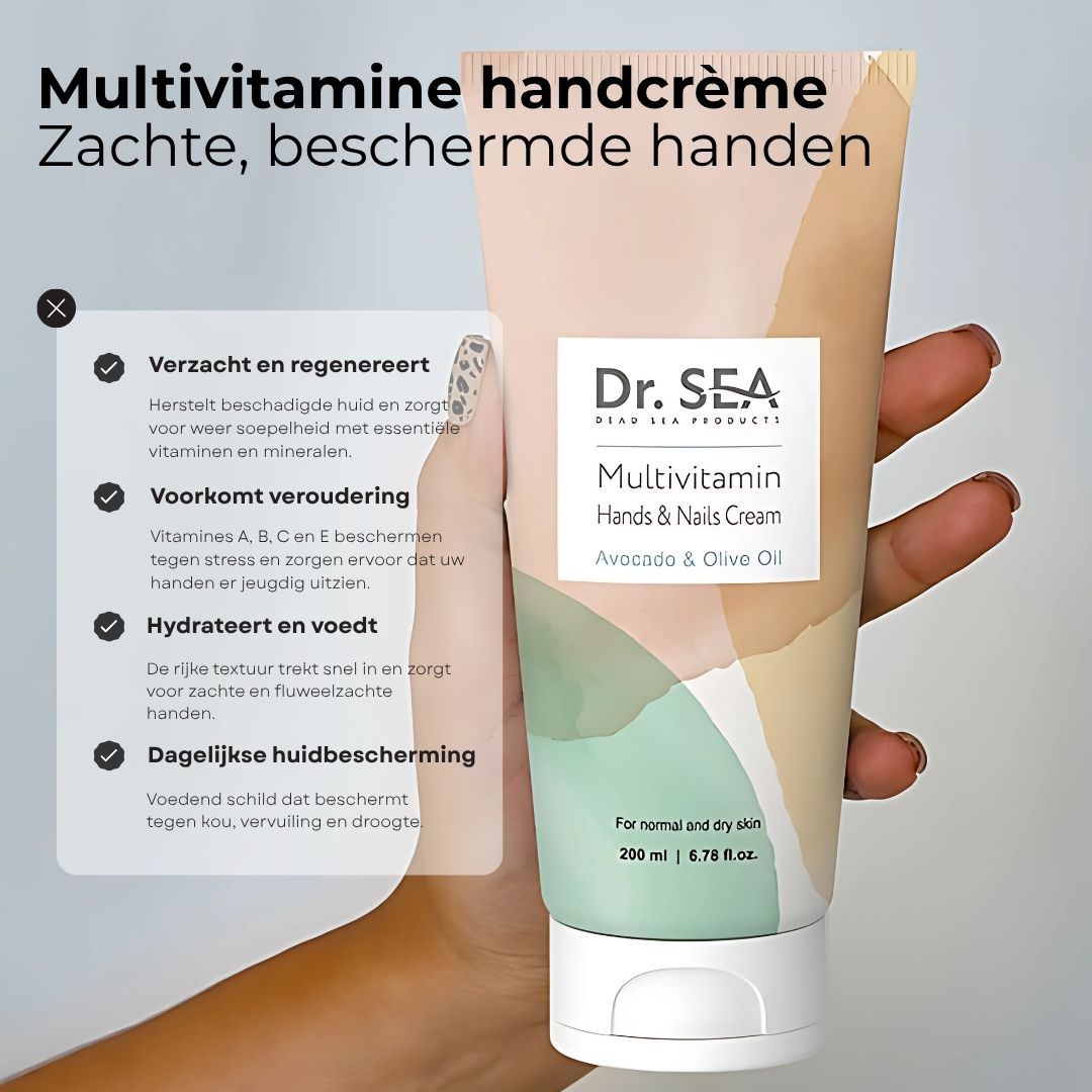 Crèmetube. Dr. Sea Multivitamin Hand- & Nagelcrème. Avocado & Olijfolie. Ingrediënten en tekst.