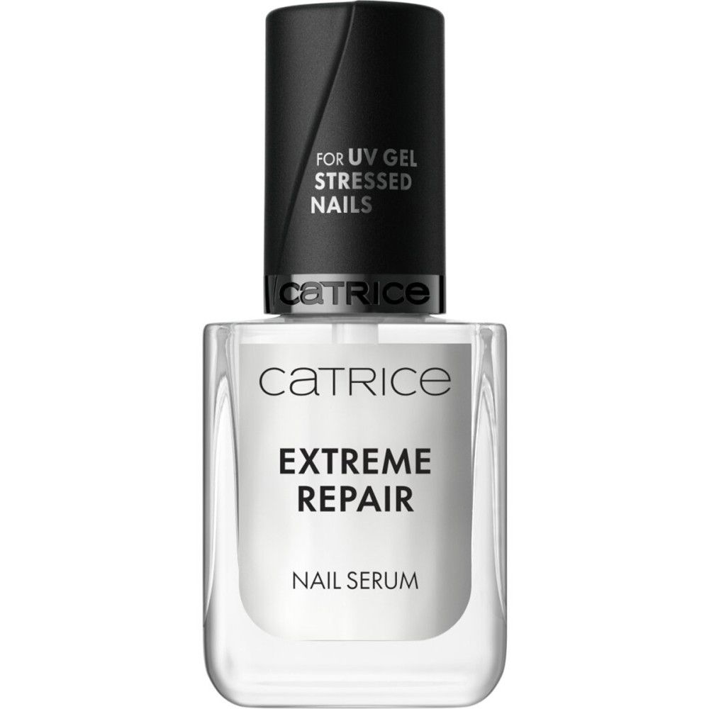 Catrice Extreme Repair Nail Serum. Transparante glazen fles met zwarte dop. Tekst: Extreme Repair, Nail Serum. Voor UV gel nagels.