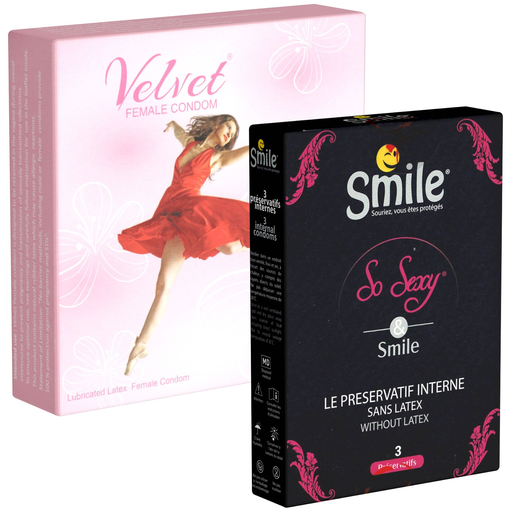 Deux boîtes de préservatifs. Une rose avec "Velvet FEMALE CONDOM". Une noire avec "Smile" et "So Sexy". Les deux contiennent 3 préservatifs.