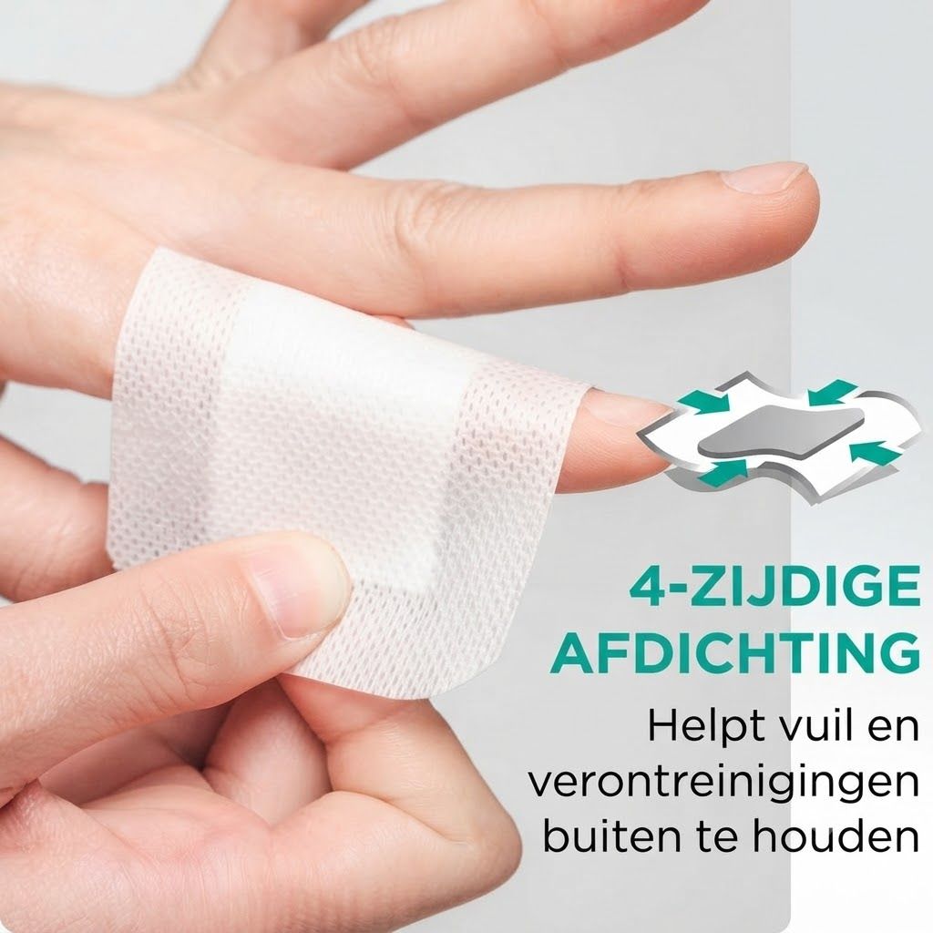 Huidvriendelijk wondverband met zachte, veilige fixatie op de buik.