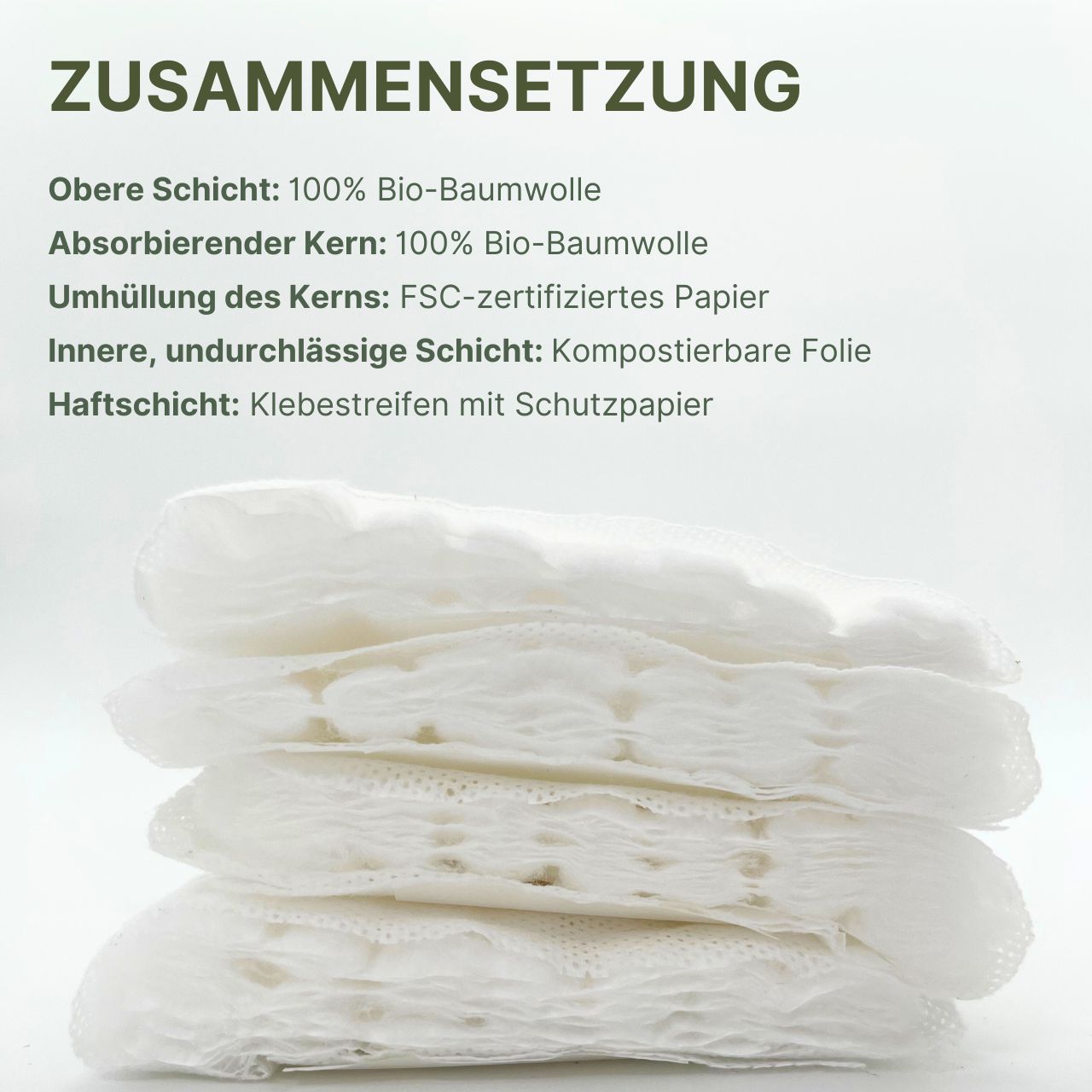 Pile de protections post-partum MyClarella®. Composition : 100 % coton bio, papier FSC, film compostable.