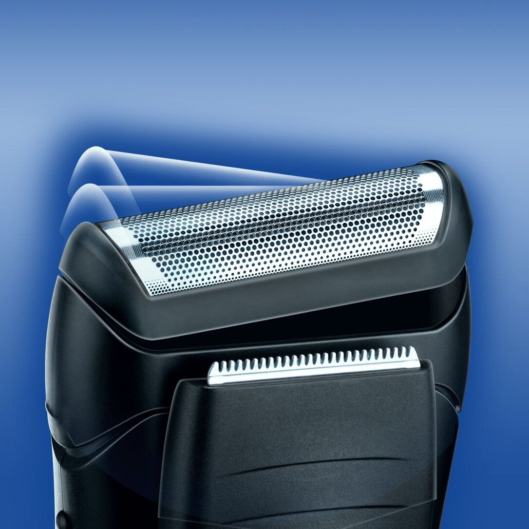 Gros plan de la tête de rasage flexible d'un rasoir électrique Braun Series 1 avec éléments mobiles.