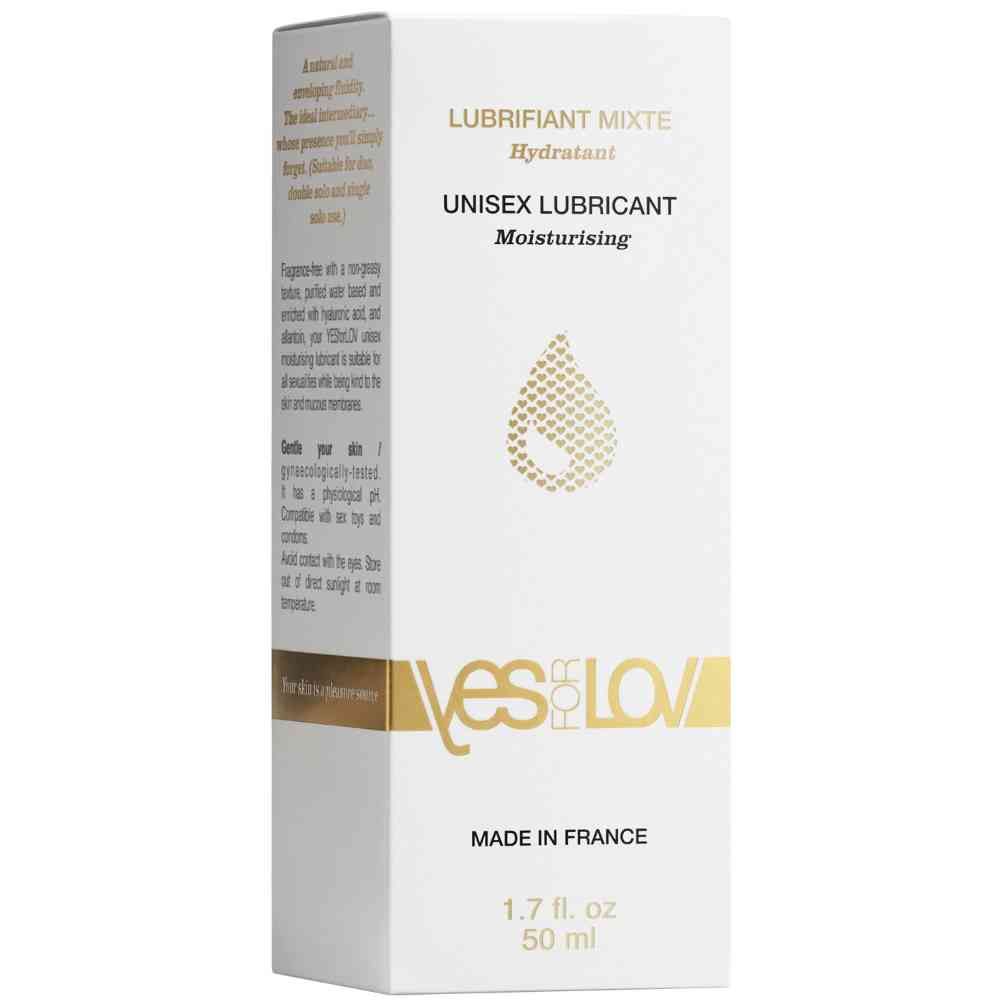 Witte doos. Opschrift: LUBRIFIANT MIXTE, UNISEX LUBRICANT, Moisturising. Merk: YESforLOV. Made in France. 1.7 fl. oz 50 ml.