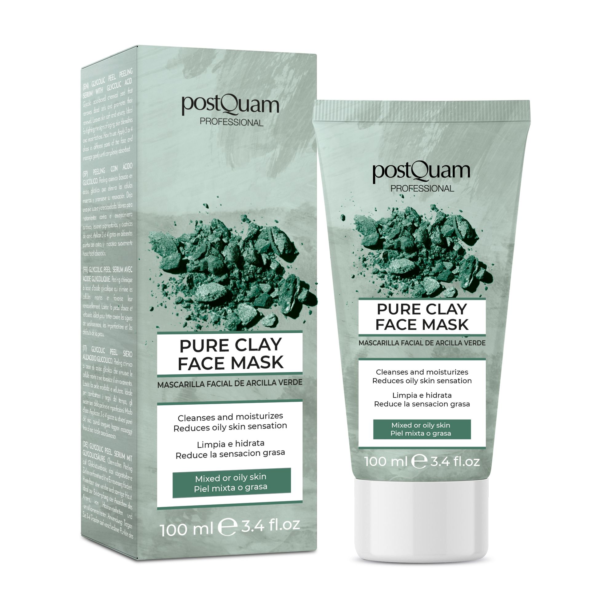 Groene kleimasker in tube en doos. Tekst: Pure Clay Face Mask, reinigt en hydrateert, vermindert vette huid. 100 ml.