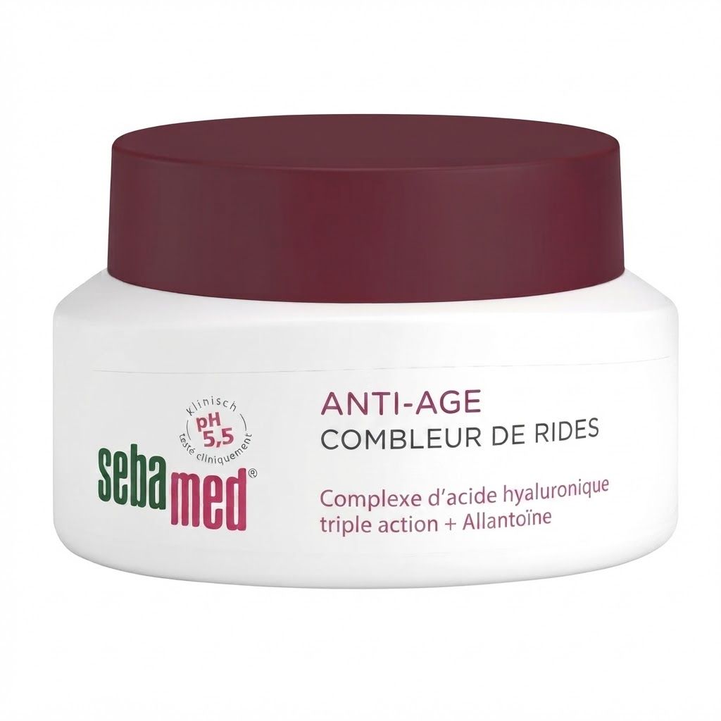 Pot Sebamed Anti-Âge Combleur de Rides avec couvercle rouge et informations produit.