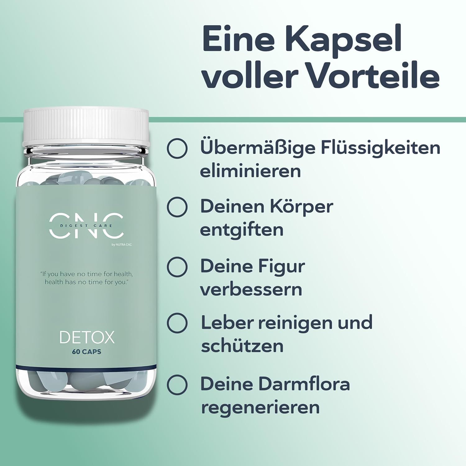Fles CNC DETOX met lijst van voordelen: vloeistoffen elimineren, lichaam ontgiften, figuur verbeteren.