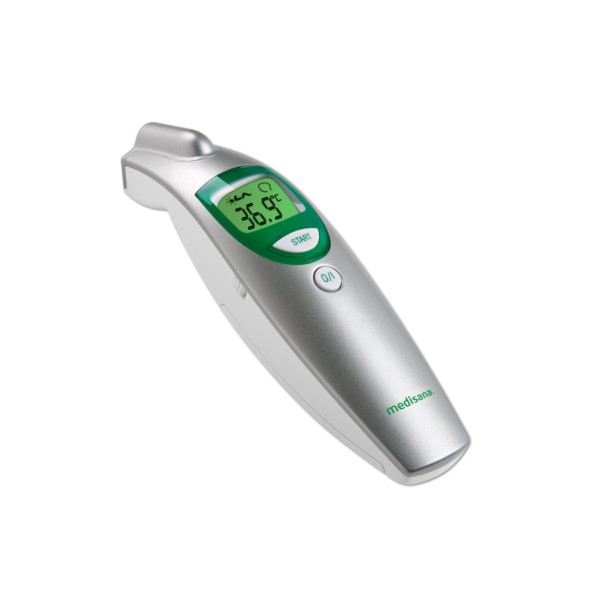 Contactloze thermometer. Zilverkleurig apparaat met groen display. Toont temperatuur. Merk: medisana.