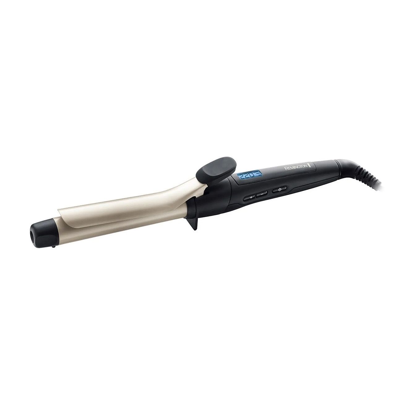 Fer à boucler noir et beige avec écran numérique. Logo Remington. Raccordement par câble.