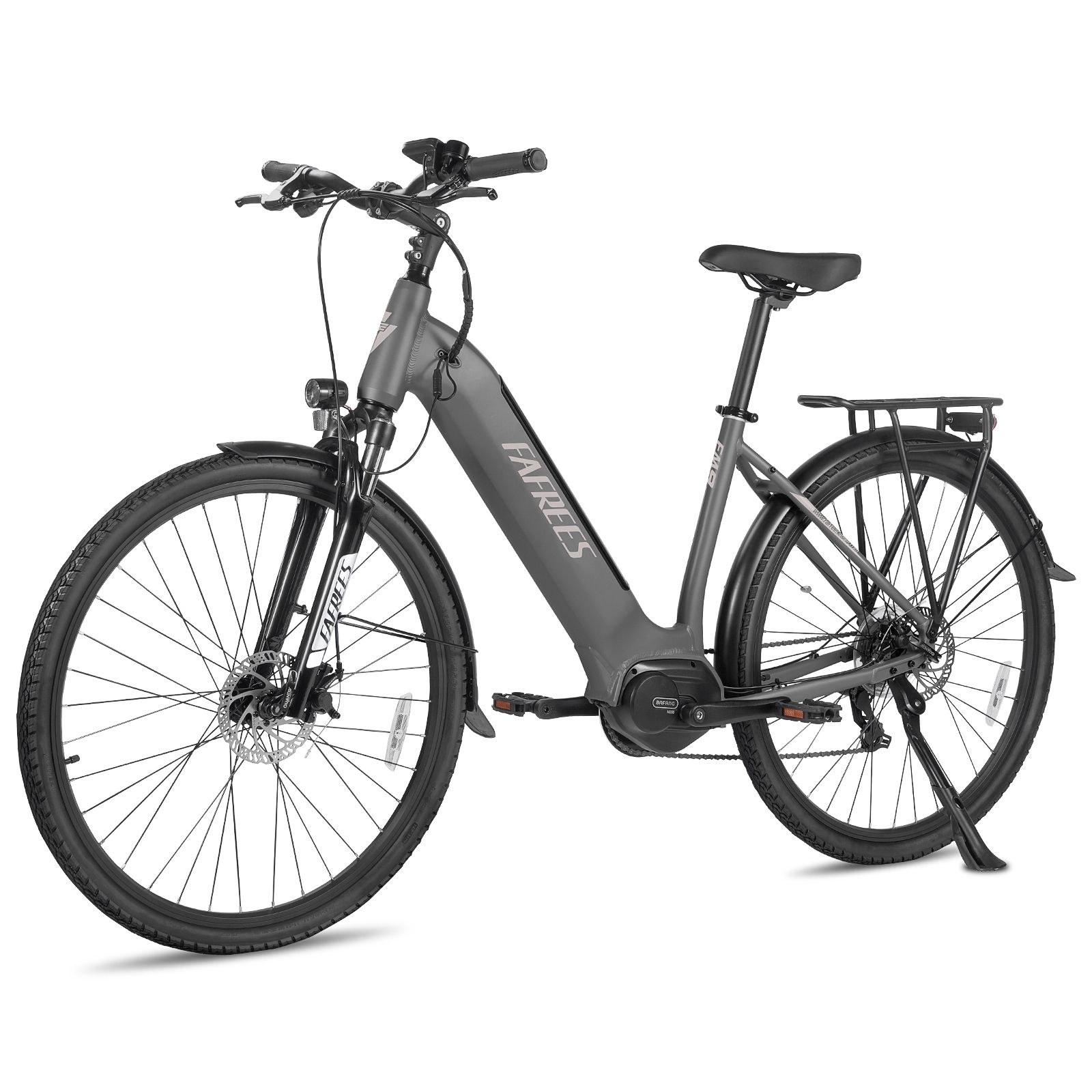 Vélo électrique de trekking gris avec moteur central. Marque Fafrees. Porte-bagages, garde-boue et éclairage.