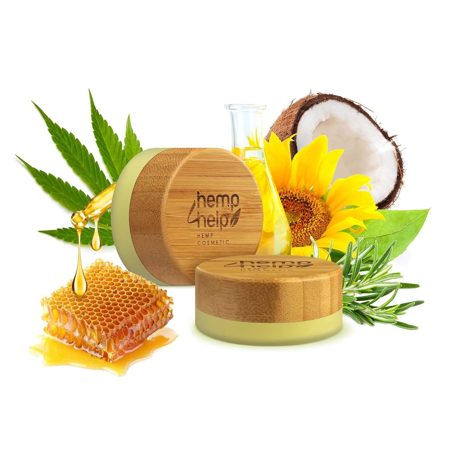 Trois pots de baume à lèvres avec couvercles en bois. Environnement: nid d'abeilles, feuille de chanvre, tournesol, noix de coco, flacon d'huile. Texte: hemp help, cosmétiques.