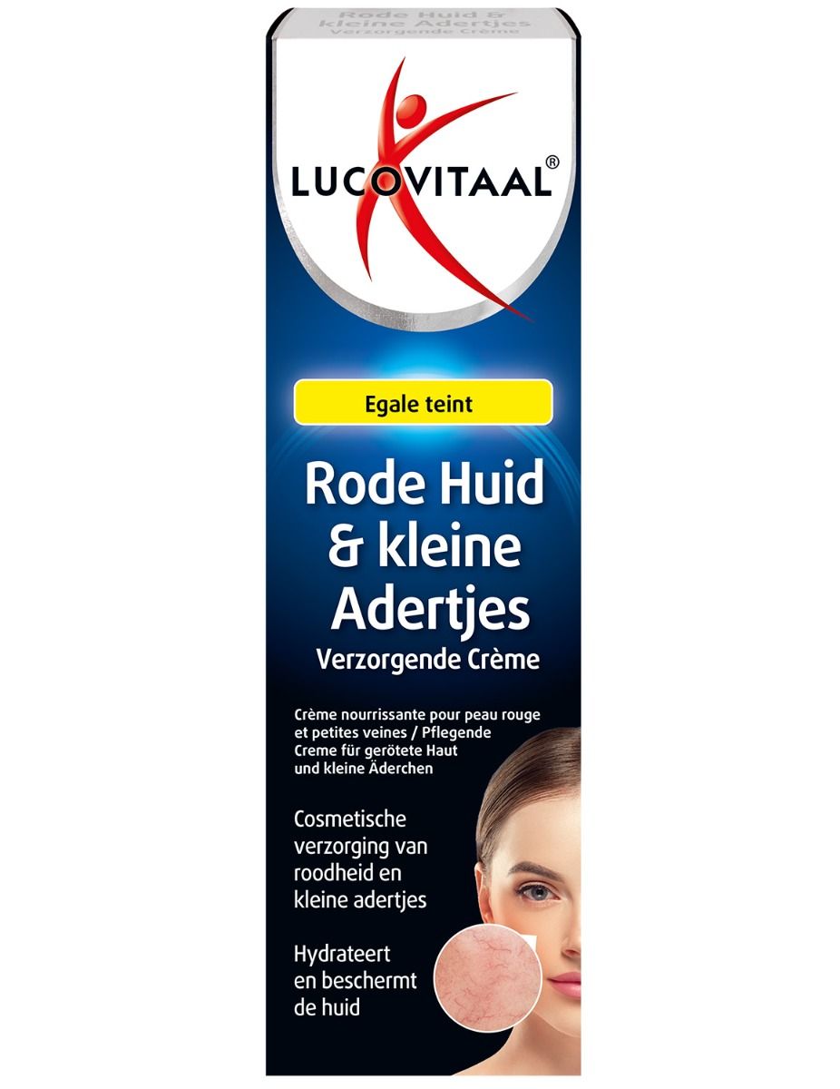 Verpakking met productnaam en logo. Tekst: Rode Huid & kleine Adertjes Verzorgende Crème. Afbeelding van een vrouw.