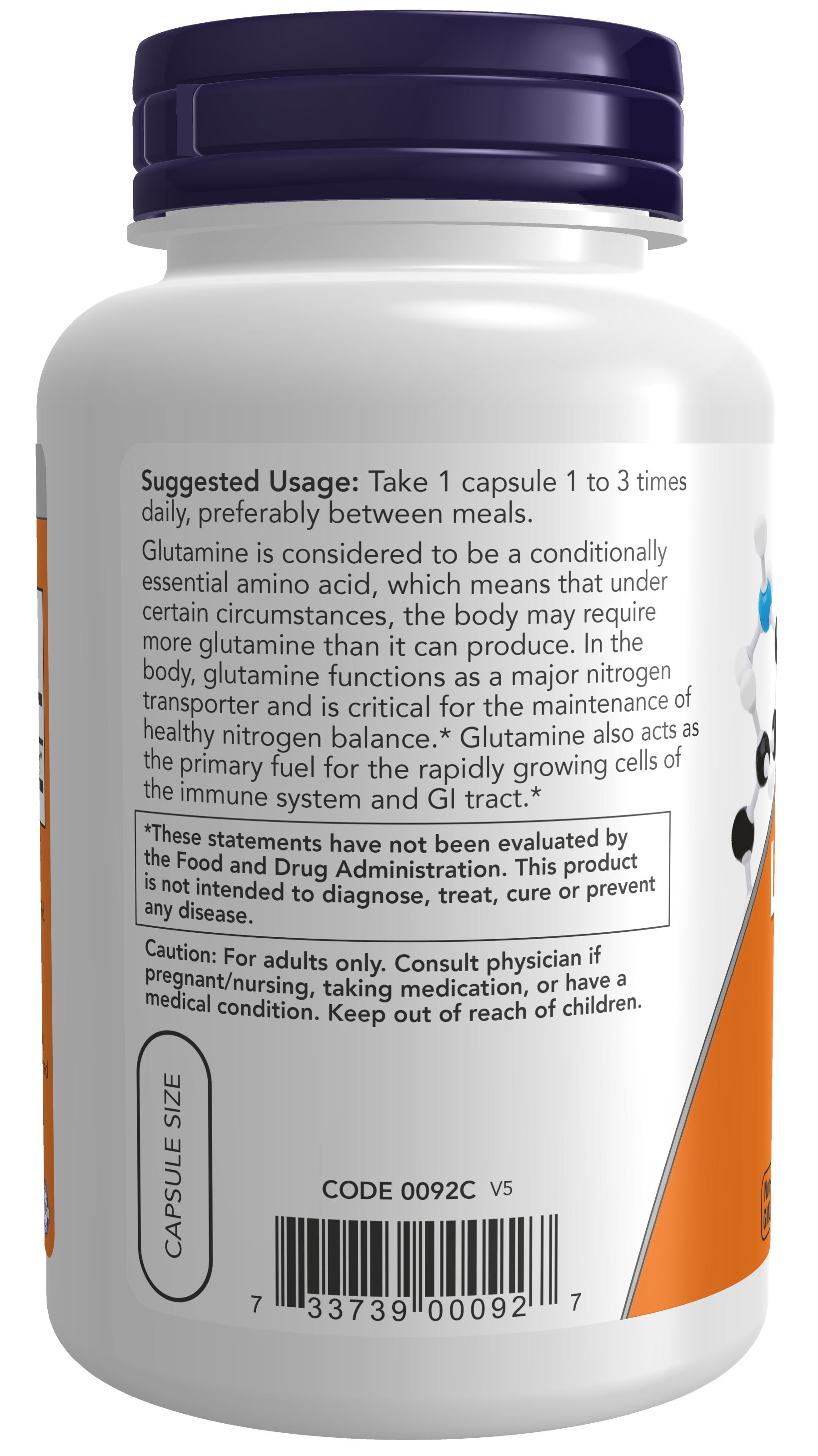 Bouteille de gélules de L-Ornithine. Contient 1,500 mg de L-Ornithine par portion. Fabriqué par NOW FOODS.