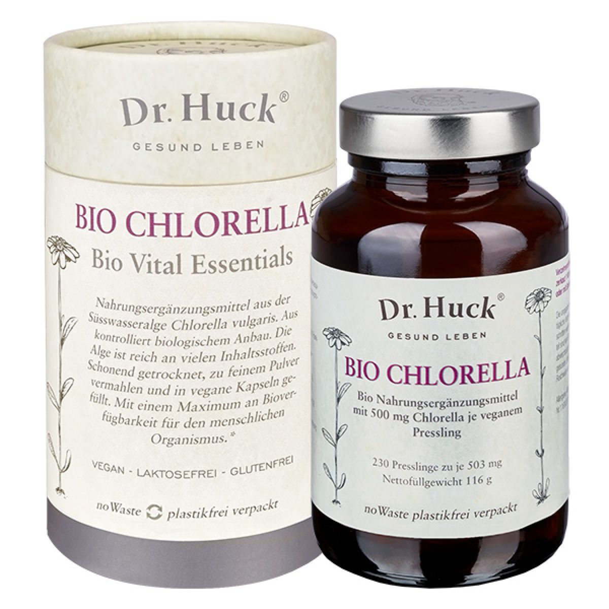 Bruine glazen fles en kartonnen doos met opschrift BIO CHLORELLA. Vegan, lactosevrij, glutenvrij. 230 tabletten, 503 mg, 116 g.