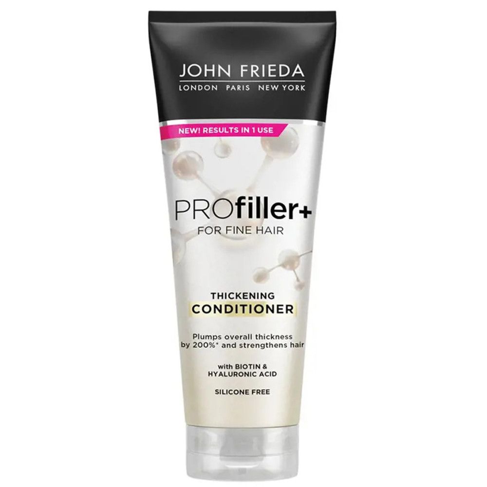 Tube John Frieda Profiller+ pour cheveux fins. Revitalisant épaississant. Texte : Nouveaux résultats en 1 utilisation. Avec biotine et acide hyaluronique.