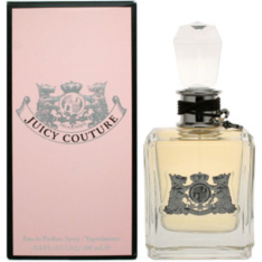 Flesje en verpakking van Juicy Couture Eau de Parfum Donna. Roze doos, glazen flesje met zilveren embleem.