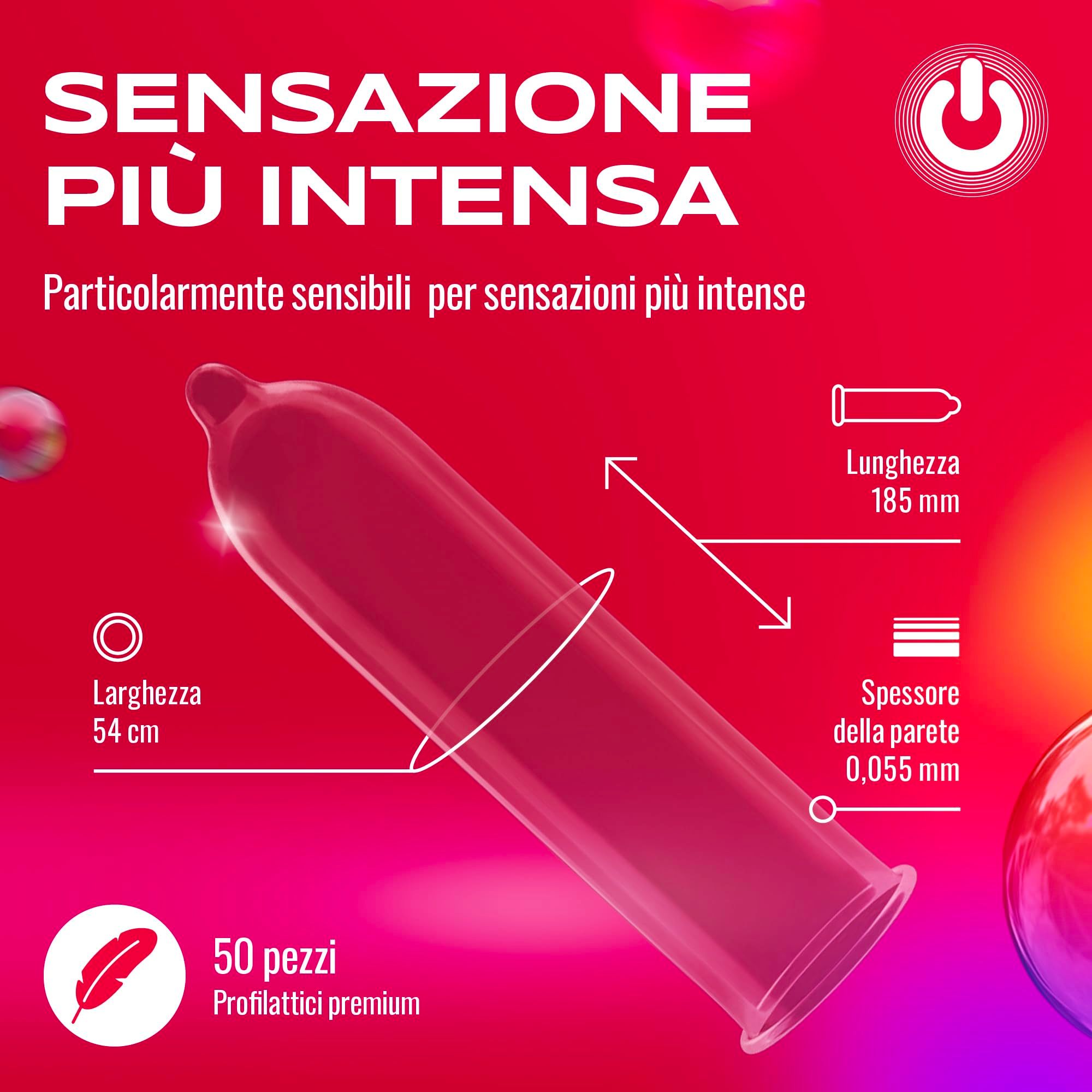 Préservatif ON) Super Thin, longueur 185 mm, largeur 54 mm, épaisseur paroi 0,055 mm. 50 préservatifs premium.
