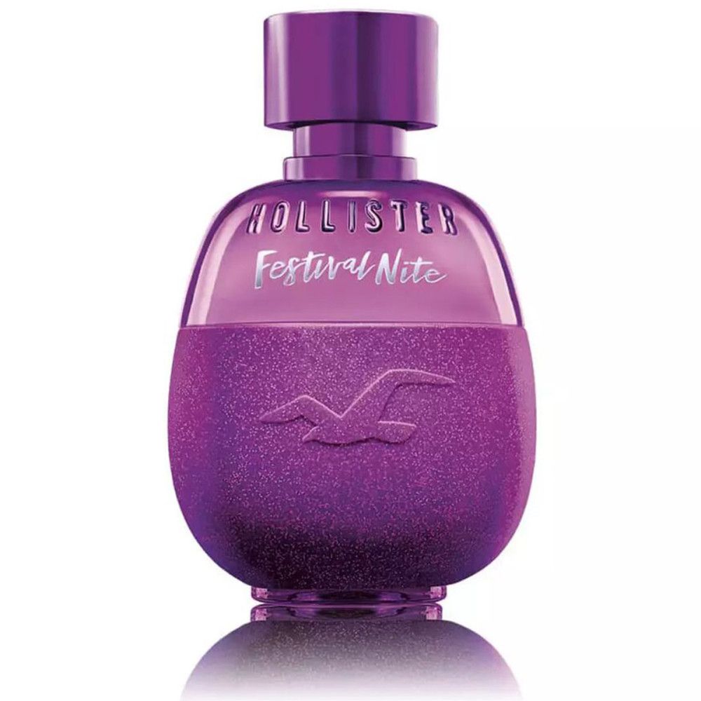 Paarse fles. Opschrift: Hollister Festival Nite. Fles met verstuiver. Logo op de fles.
