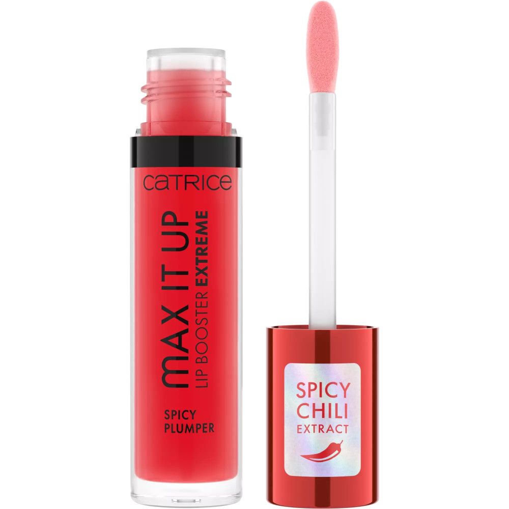 Rode lipgloss met applicator. Opschrift: MAX IT UP, LIP BOOSTER EXTREME, SPICY PLUMPER. Op de dop: SPICY CHILI EXTRACT.