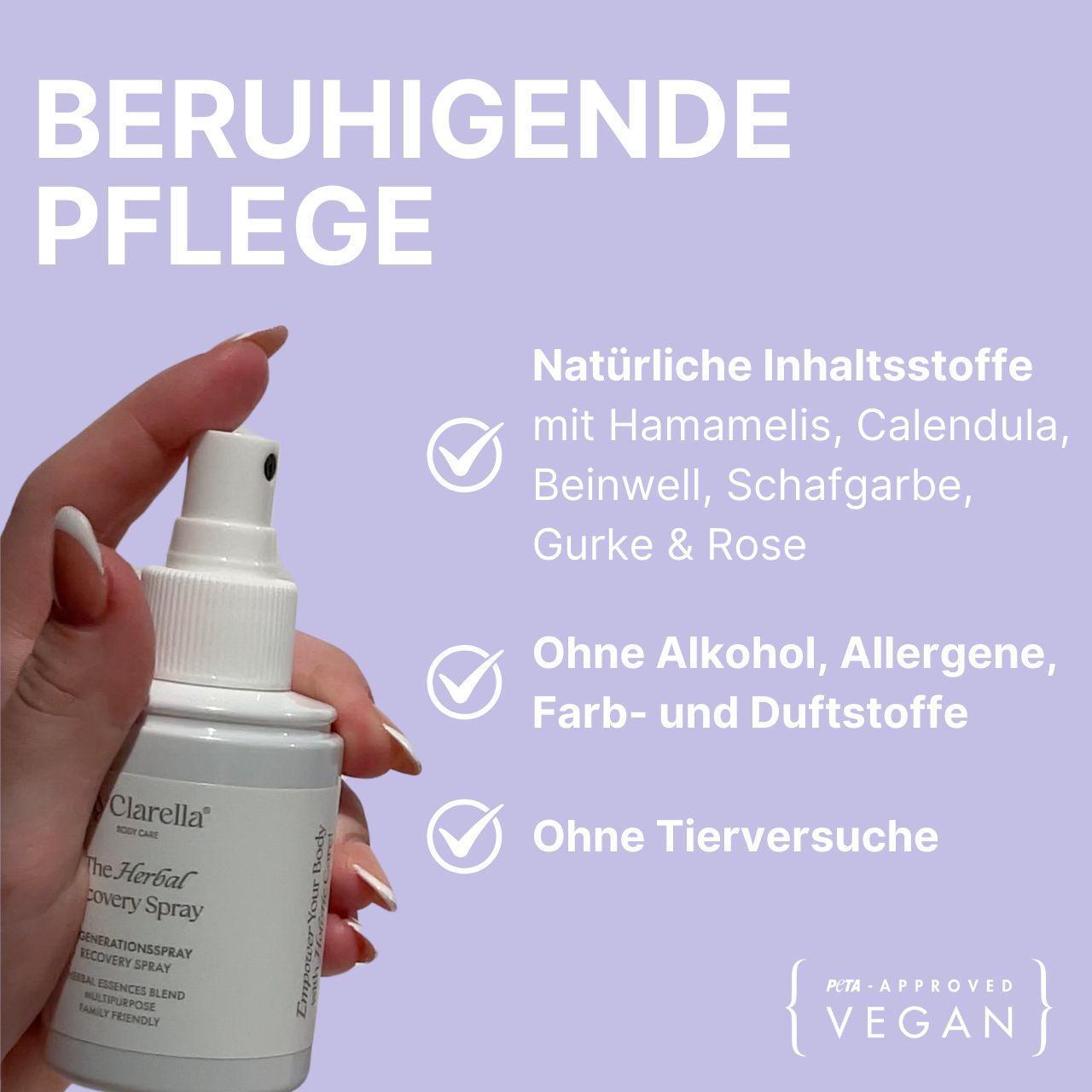 Sprayfles. Bevat toverhazelaar, calendula, smeerwortel, duizendblad, komkommer en roos. Zonder alcohol, allergenen, kleur- en geurstoffen. Vegan.