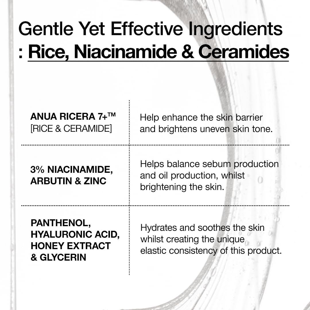 Anua 7 Rice Ceramide Serum: Rijst, Niacinamide, Ceramiden.