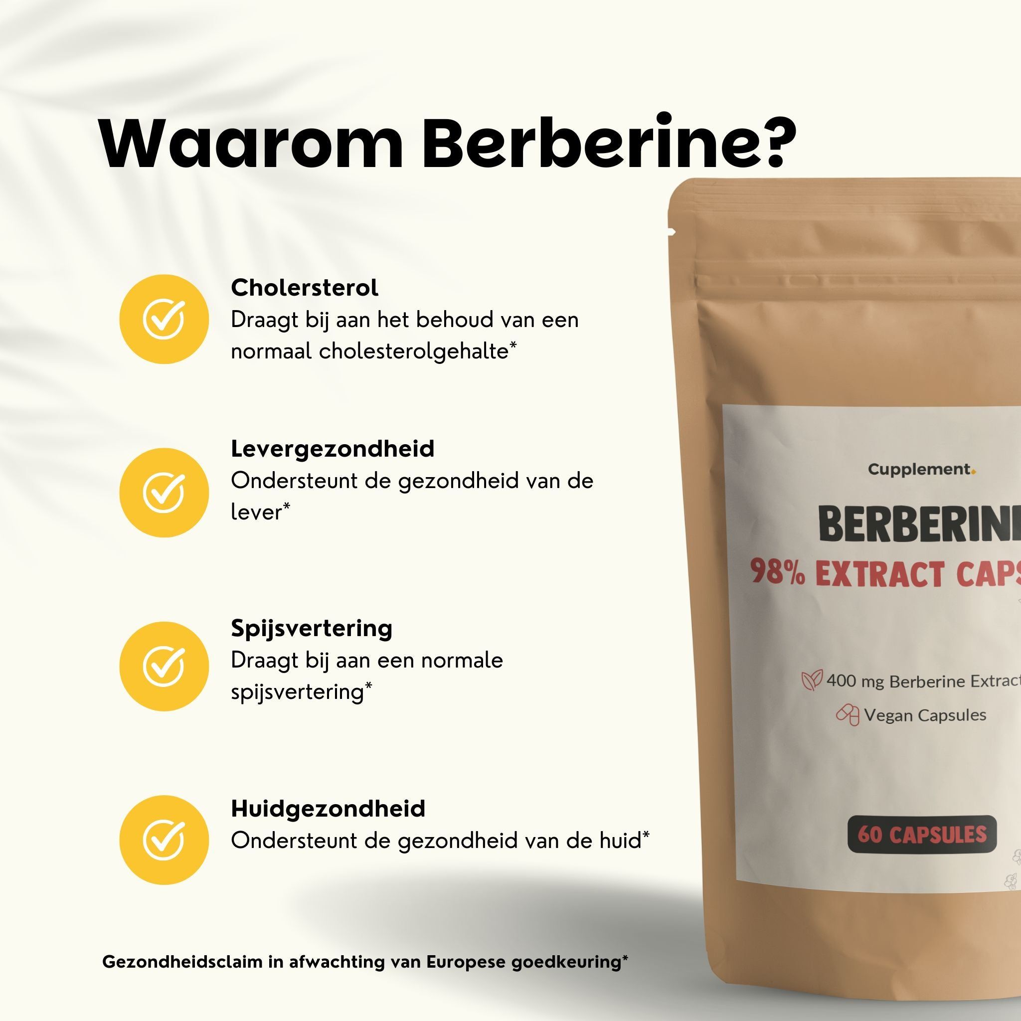 Zakje Cupplement Berberine capsules. Tekst met informatie over berberine.