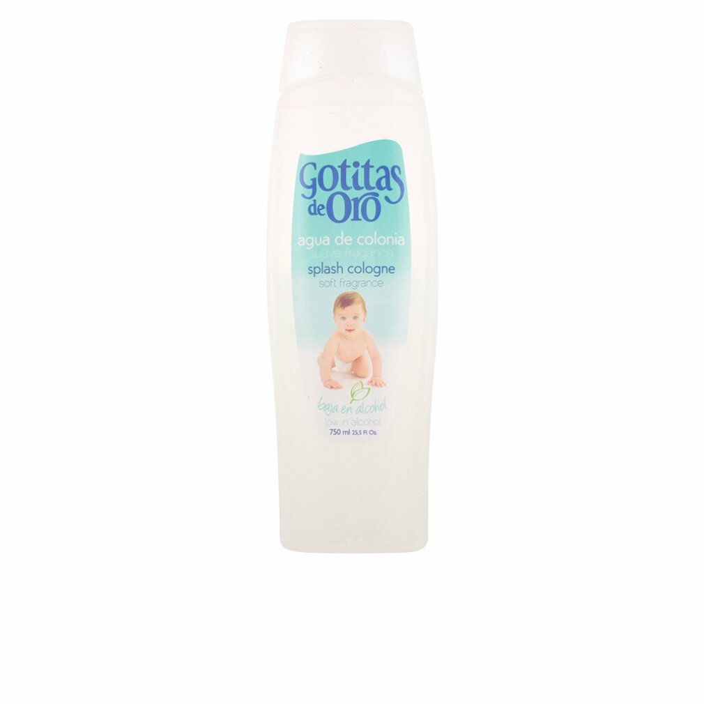 Bouteille blanche avec logo "Gotitas de Oro" et image de bébé. Splash Cologne, 750 ml.