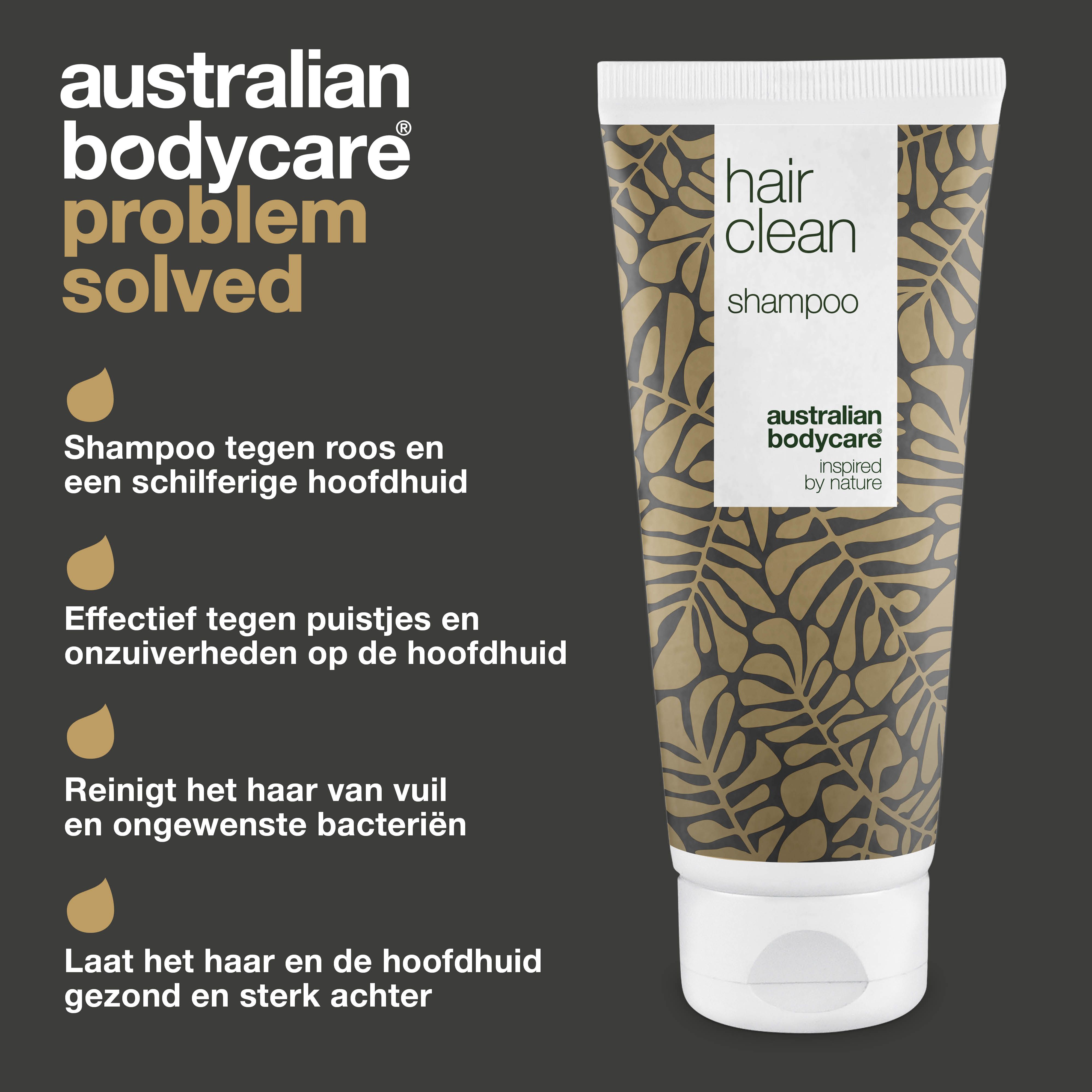 Tube met "hair clean shampoo". Tekst over voordelen. Logo "Australian Bodycare".