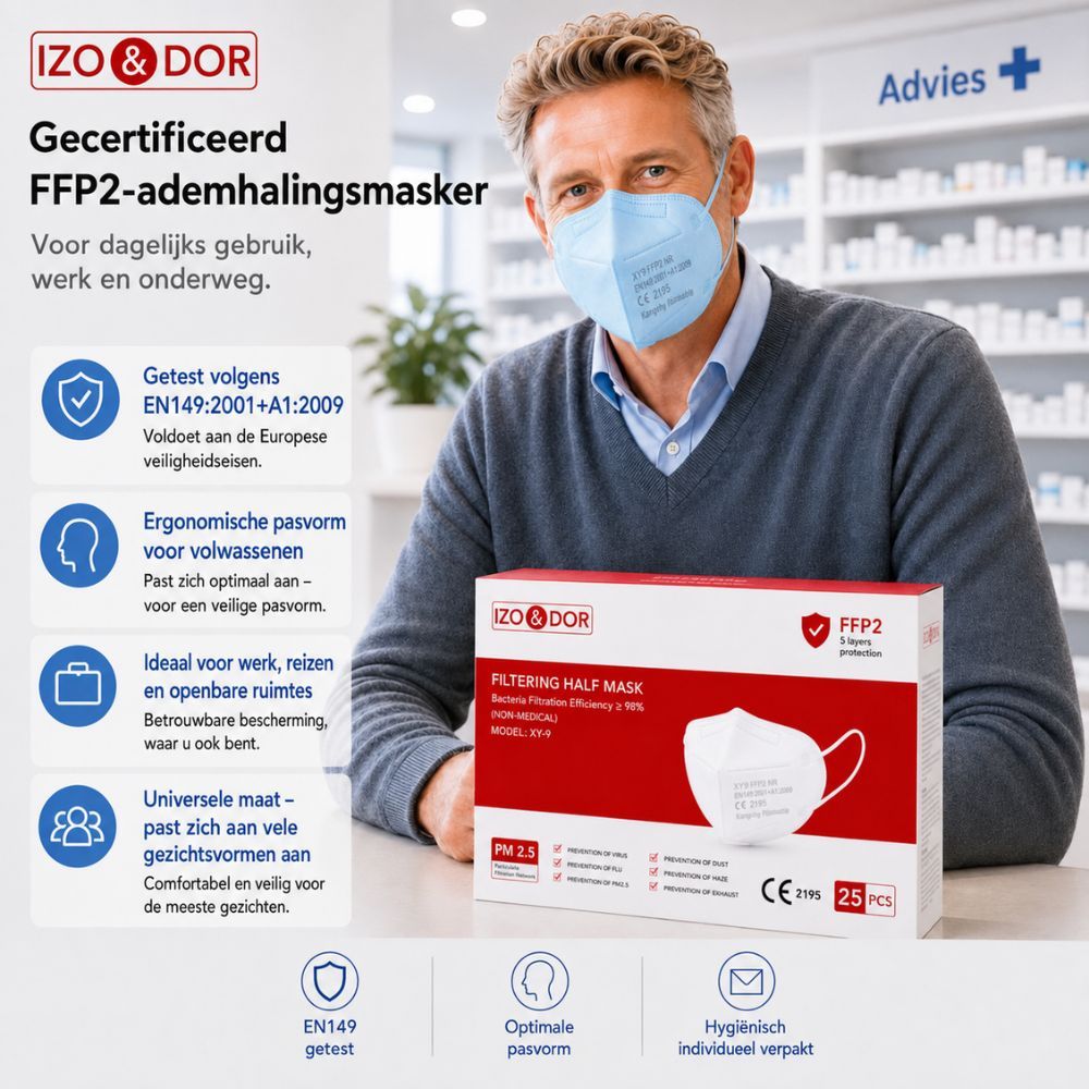 Man met lichtblauw FFP2 NR masker. Getest volgens EN149, ergonomische pasvorm, ideaal voor dagelijks gebruik, werk, reizen.