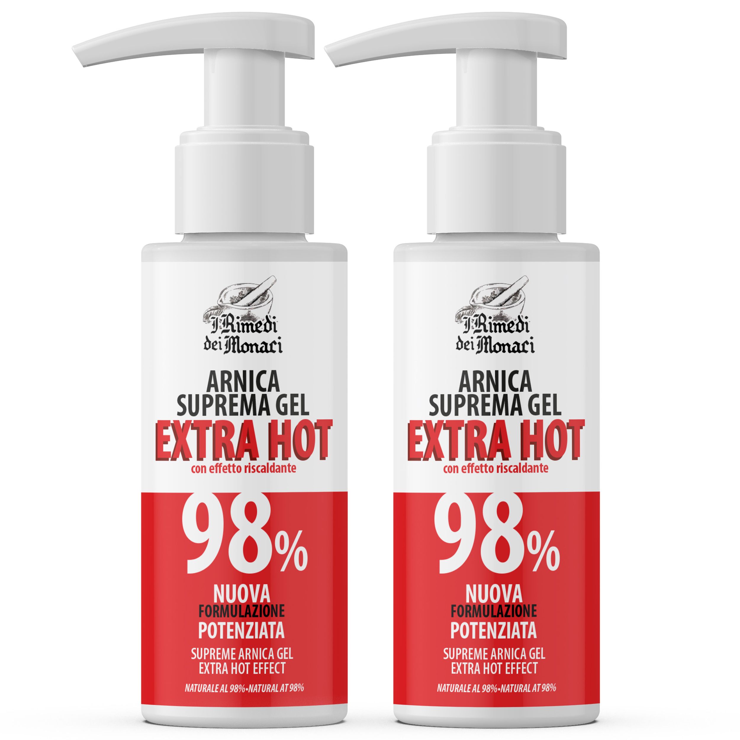 Twee gel flessen met pomp. Opschrift: Arnica Suprema Gel Extra Hot, 98%. Merk: I Rimedi dei Monaci.