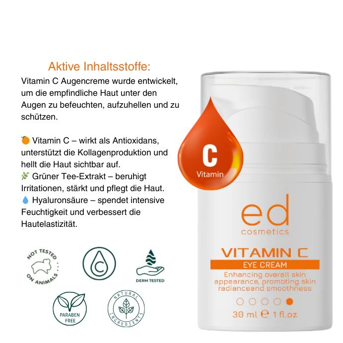 Flacon de crème pour les yeux blanc avec étiquette orange et symbole de goutte. Texte : Vitamin C Eye Cream, 30 ml, 1 fl.oz. Marque : ed cosmetics.