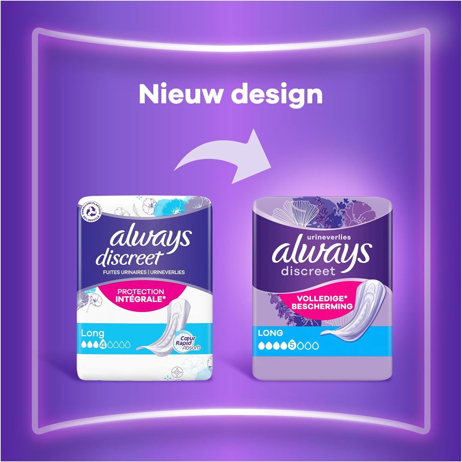Always Discreet: Vergelijking oud en nieuw design. Beide verpakkingen tonen een inlegkruisje.