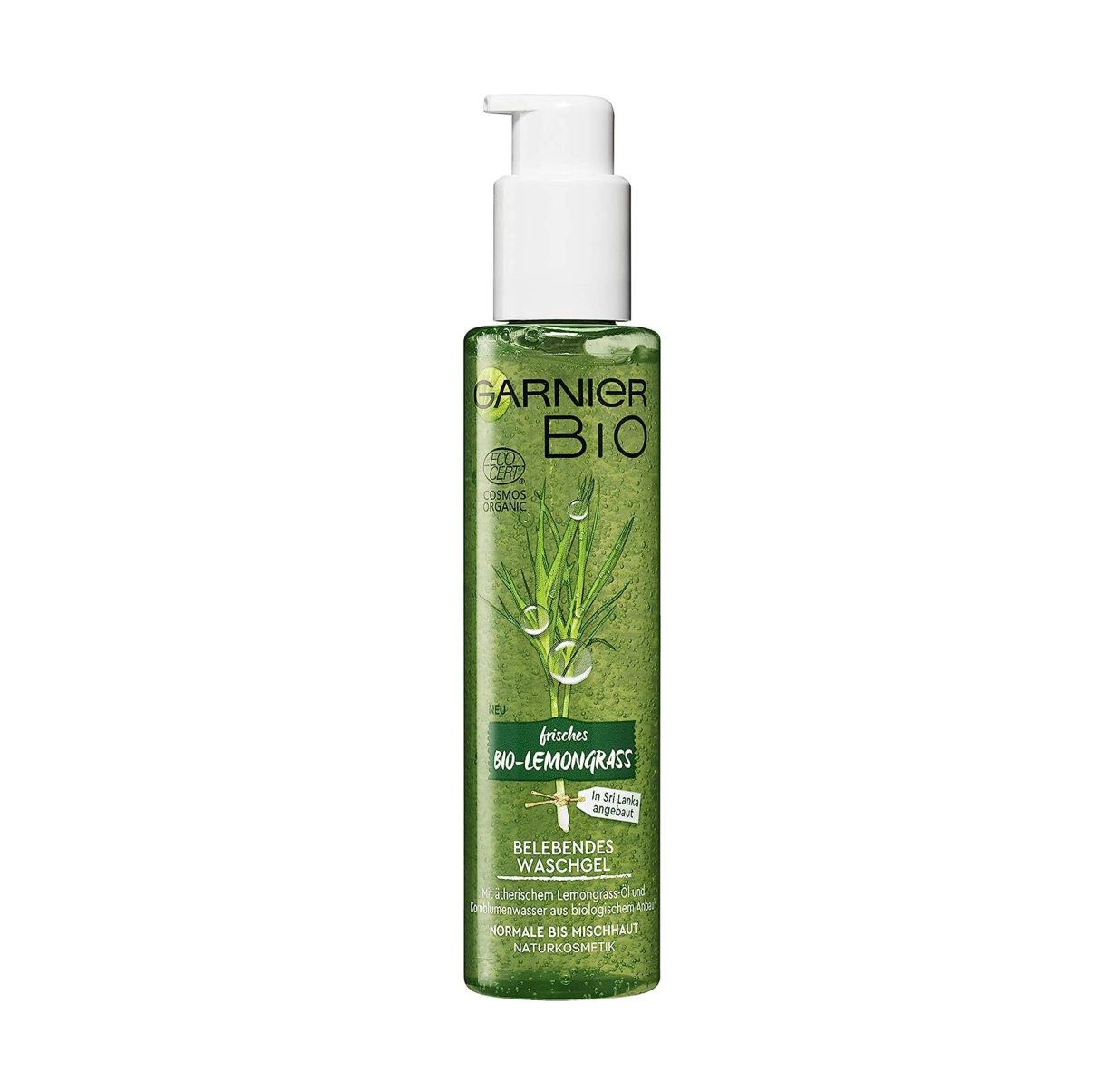 Gel lavant vert avec pompe. Inscription Garnier Bio, Bio-Lemongrass, gel lavant vivifiant. Pour peaux normales à mixtes.