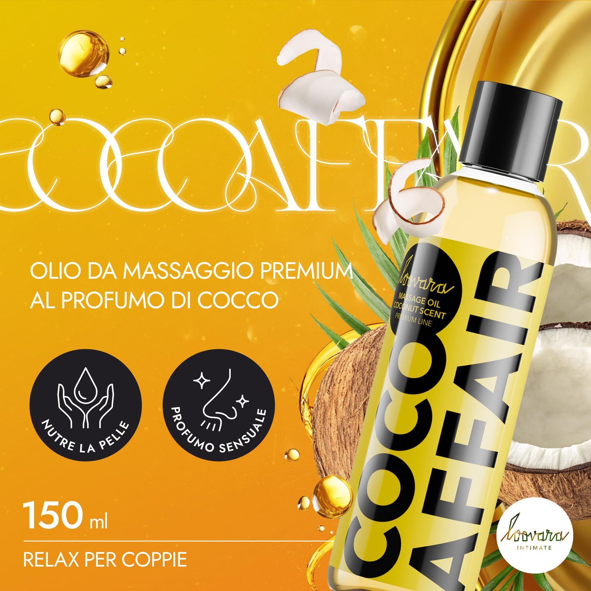 Bouteille d'huile de massage Loovara Coco Affair, parfum coco, 150 ml, avec symboles coco.