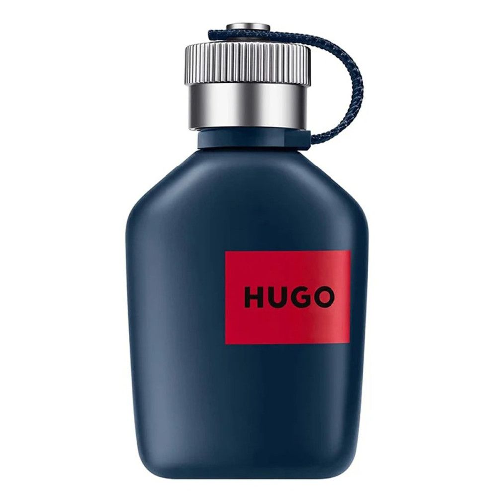 Flacon bleu avec bouchon argenté et étiquette rouge HUGO.