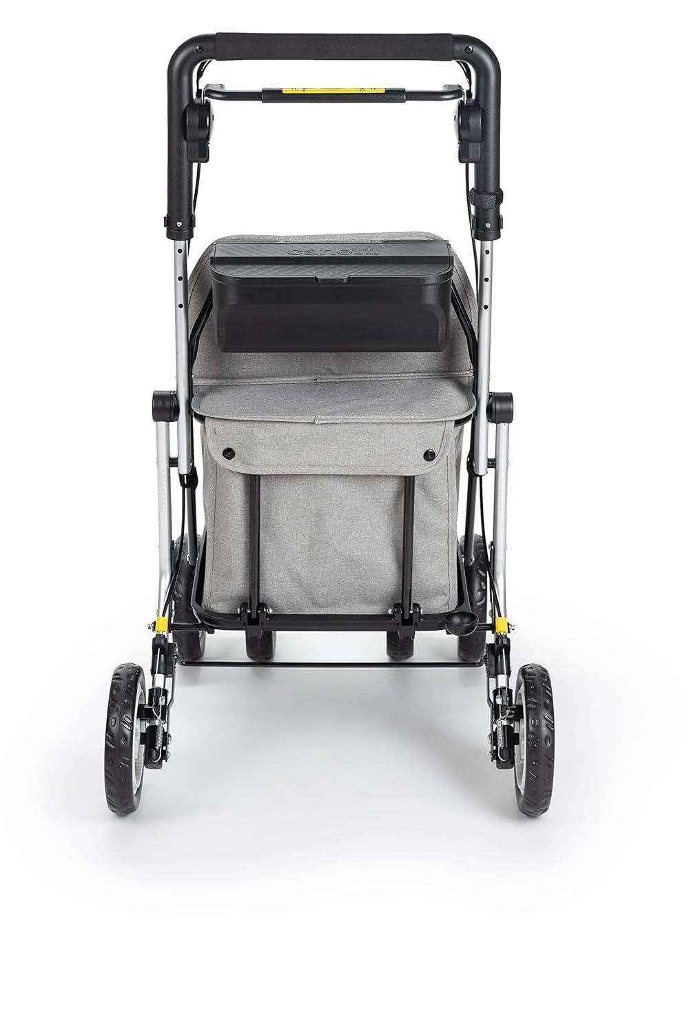Achterkant van een grijze rollator met zitje, boodschappentas, vier wielen en handvat.