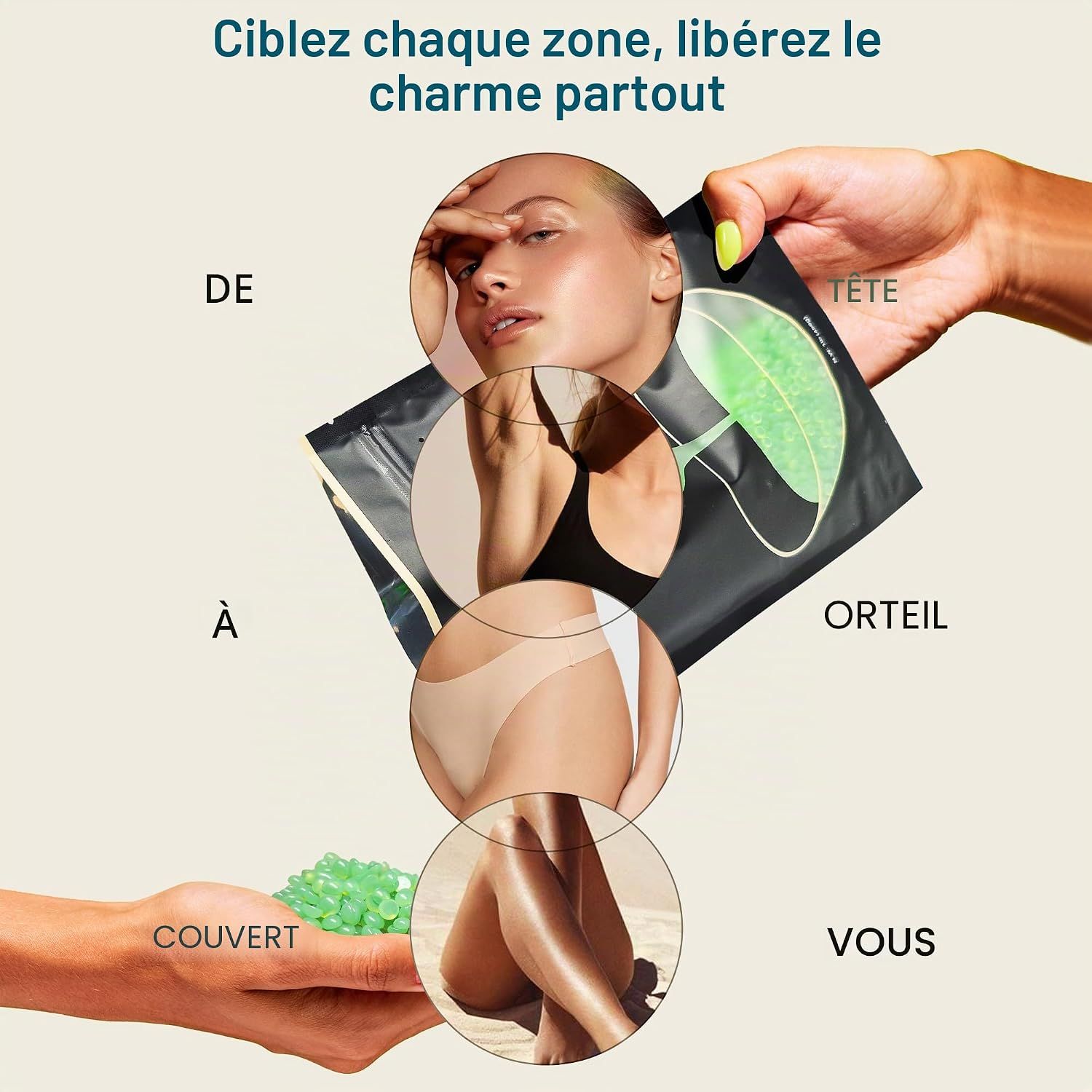 Emballage à motif de feuille, montrant des gros plans du visage, du torse, du bas du corps et des jambes.