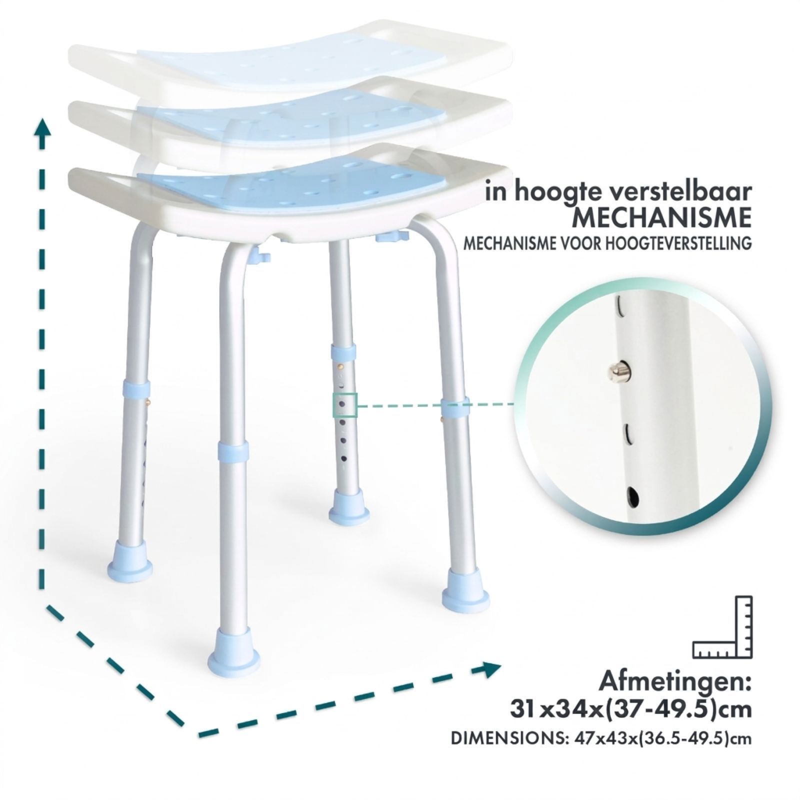 Douchekruk met blauwe zitting. In hoogte verstelbaar. Afmetingen: 31x34x(37-49.5)cm.
