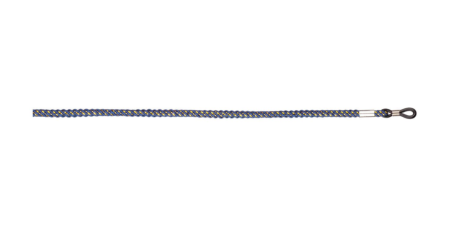 Cordon de lunettes tressé bleu foncé et jaune. Boucle métallique pour fixer aux branches. Fond blanc.