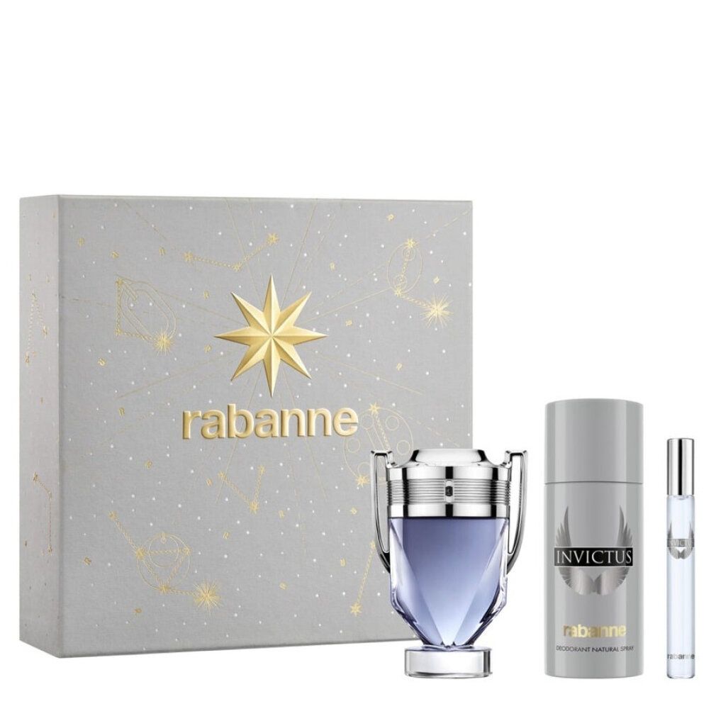 Coffret cadeau Rabanne Invictus : Eau de Toilette, déodorant et vaporisateur. Boîte cadeau grise avec constellations.