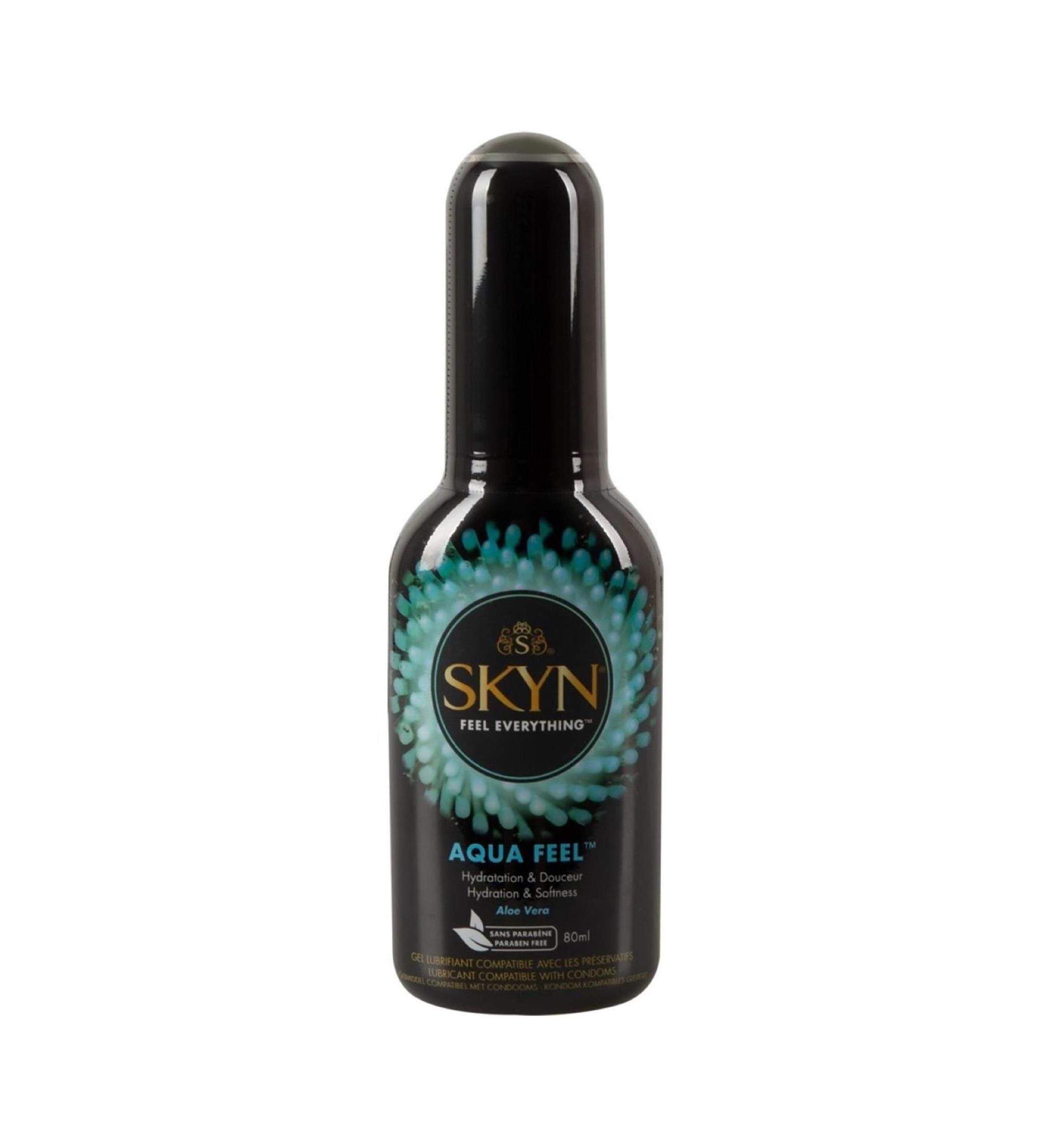 SKYN Aqua Feel glijmiddel in zwarte fles met pompdoseerder, 80ml.