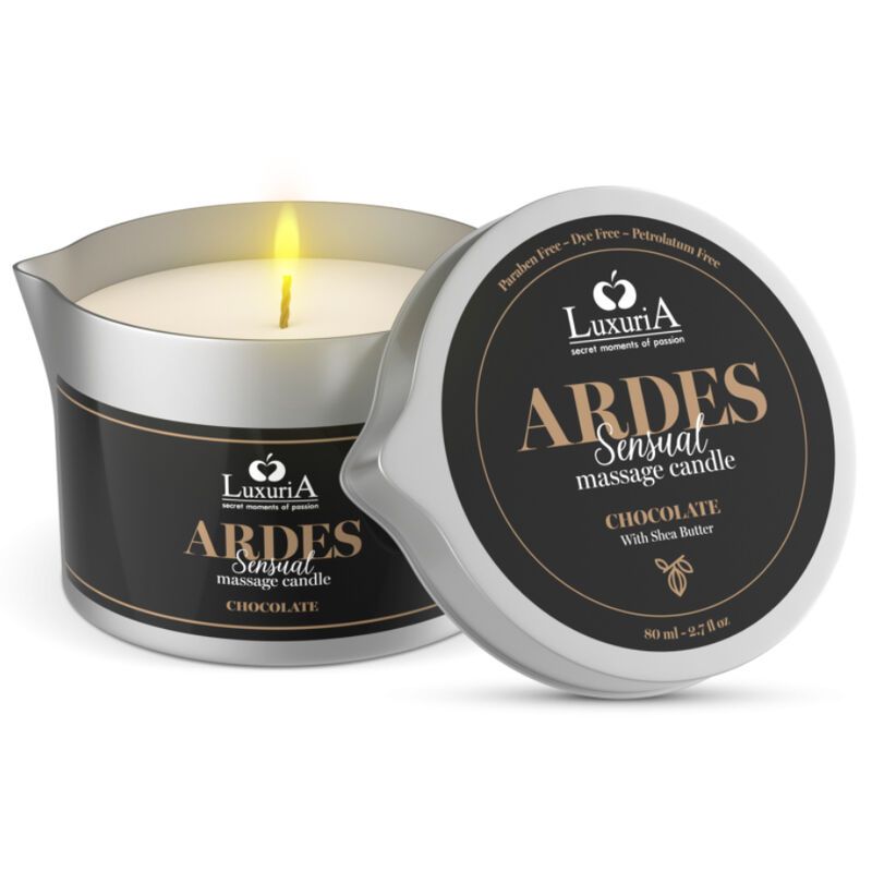 Bougie de massage avec couvercle. Étiquette noire avec nom et logo. Couvercle avec texte.