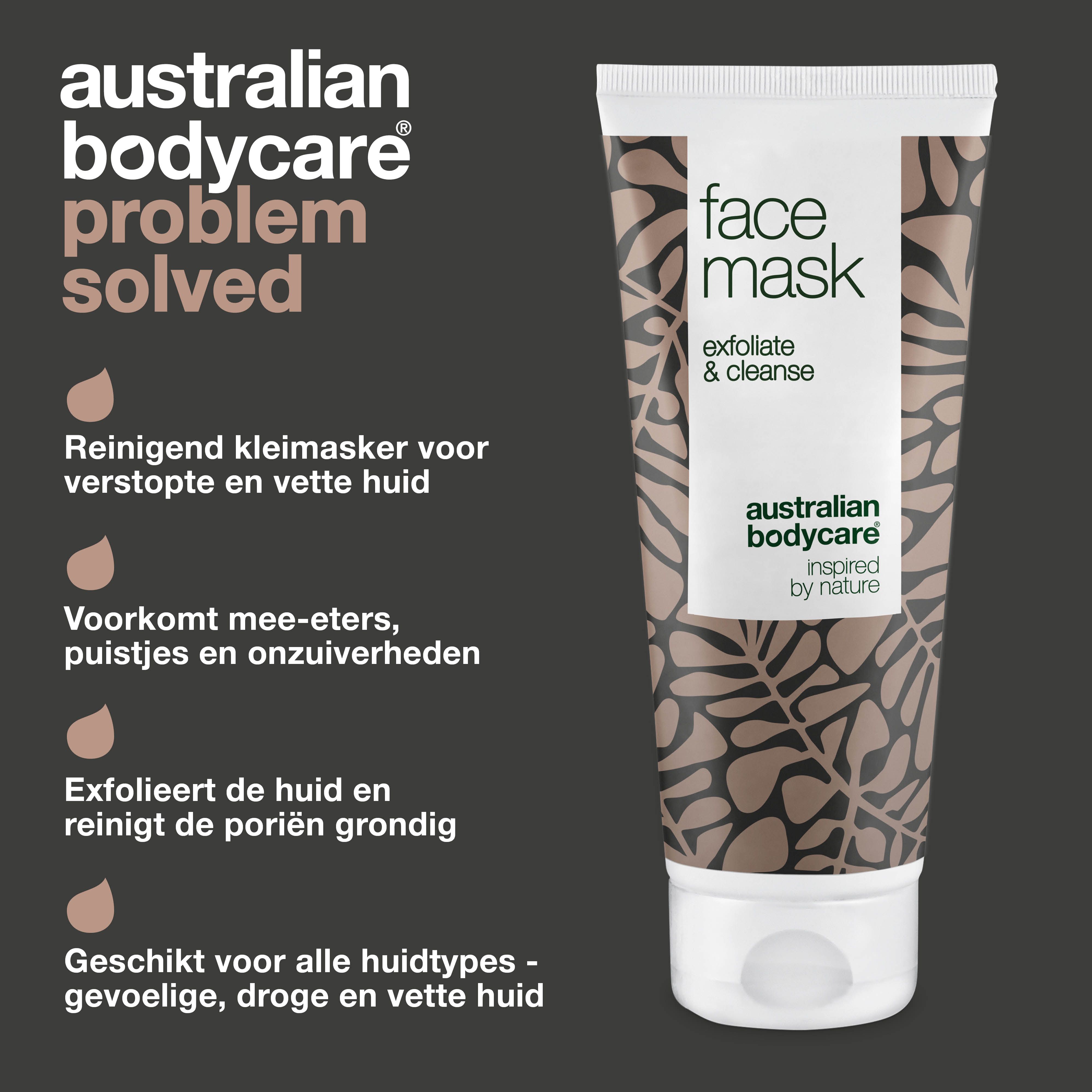 Gezichtsmasker tube, tekst: Face Mask, exfoliate & cleanse, Australian Bodycare. Tekst: Reinigend kleimasker.
